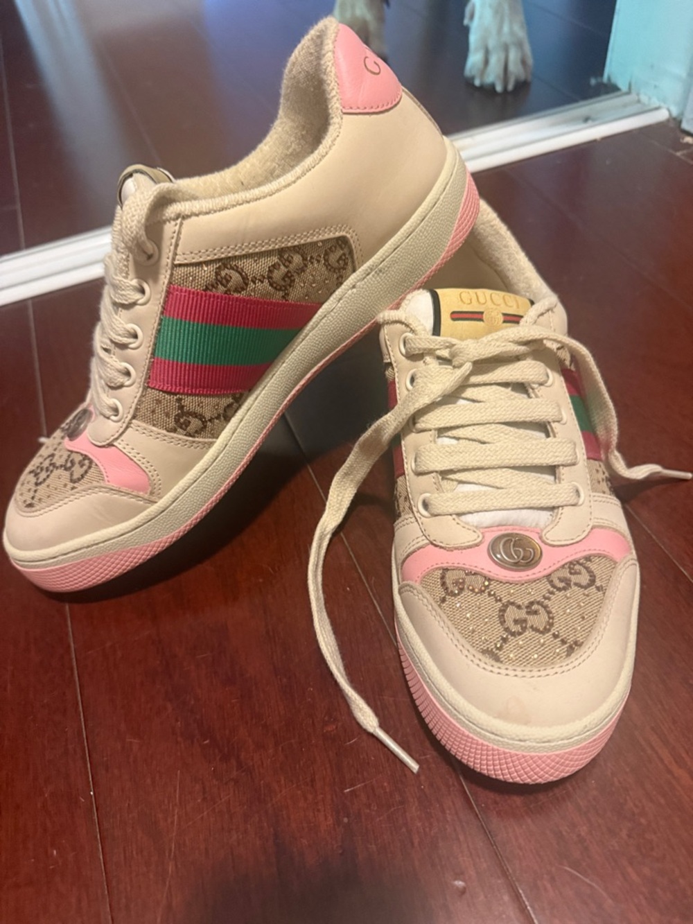 Gucci Beige Canvas & Leather Low-Top Sneakers with Pink Trim and Green-Red Web
